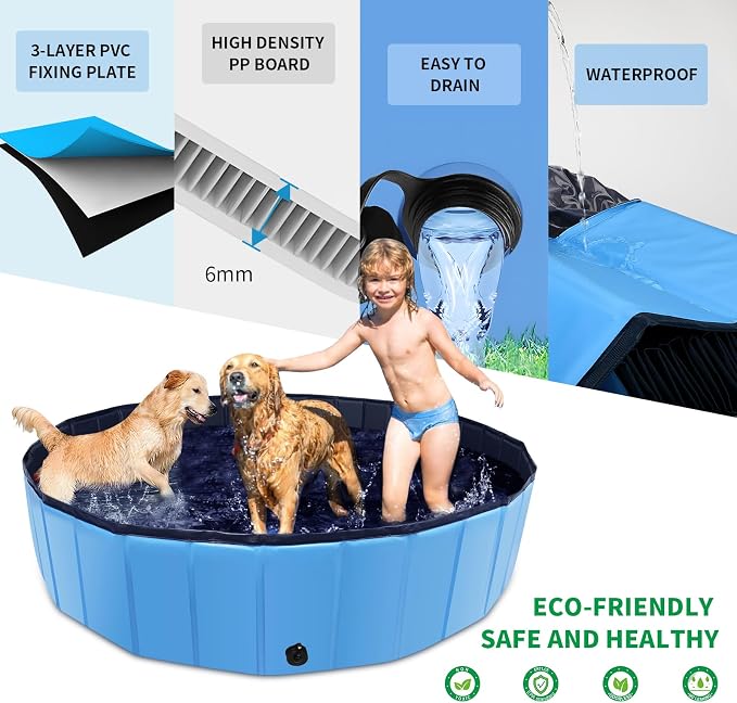 CACSPS Foldable Dog Pool, 55" x 12" Kiddie Pool with Hard Plastic, Non-Slip Dog Bath Tub for Outdoor Backyard, Collapsible Dog Swimming Pool for Kids Dogs Pets (Blue)