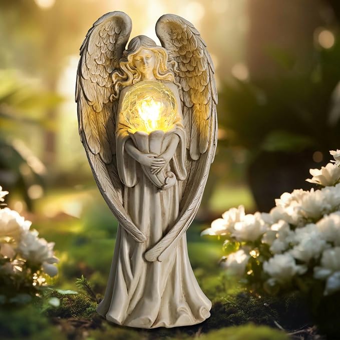 Angel Statues for Garden-Garden Angels Outdoor Statue - Solar Angels Figurines Holding Glass Ball Flower for Outdoor Decor or Housewarming