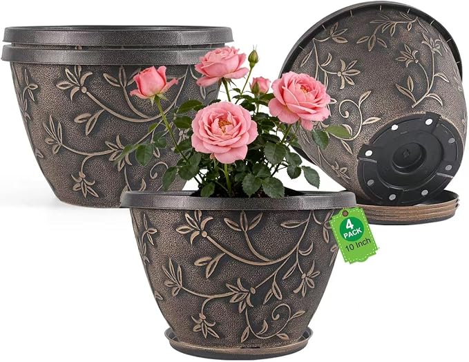 Nooulap 10 Inch Plant Pot with Drainage, Plastic Planter for Indoor Outdoor Plants, Medium Flower Pots for Patio, Balcony Garden Decor, Brown Vintage Flower Pattern