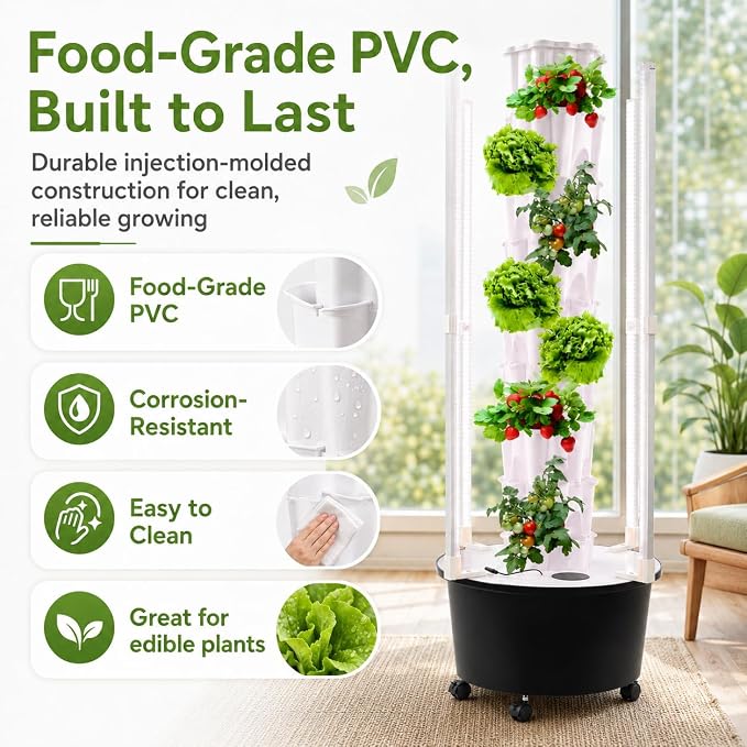8 Tier Hydroponic Tower Garden - Indoor Vertical Gardening System 48 Holes with LED Grow Light & Self-Watering Pump, for Strawberries Lettuce Herbs, Home Grow Kit with Timer & Wheels