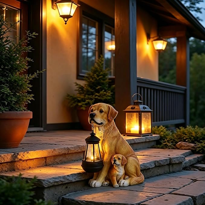 Afirst Solar Dog Statue Garden Decor- Outdoor Decor with Solar Lantern Lovely Labrador Mom with Baby Figurine Patio Lawn Yard Art Ornaments Housewarming Gift