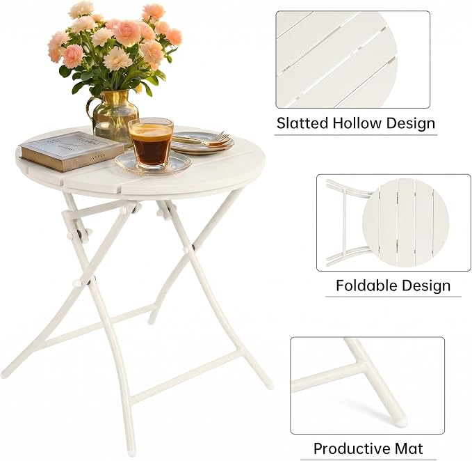 TeoKJ Folding Small Outdoor Side Tables, HDPS Patio Table with Metal Legs, Outdoor Small Round Table for Garden,Deck, No Assembly Patio Table Round Nightstand for Porch Yard Balcony Deck Lawn, White
