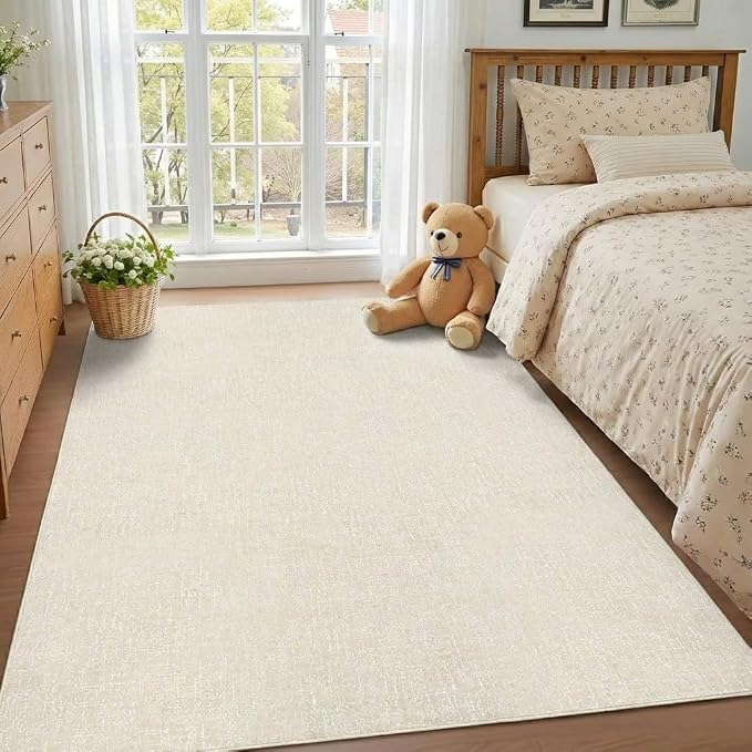 Garvee Modern 4x6 Living Room Rug Solid Color Washable Area Rugs, Beige | Rubber Backing Neutral Textured Non Shedding Stain Resistant Low Pile Foldable Soft Rug for Bedroom Nursery Entryway