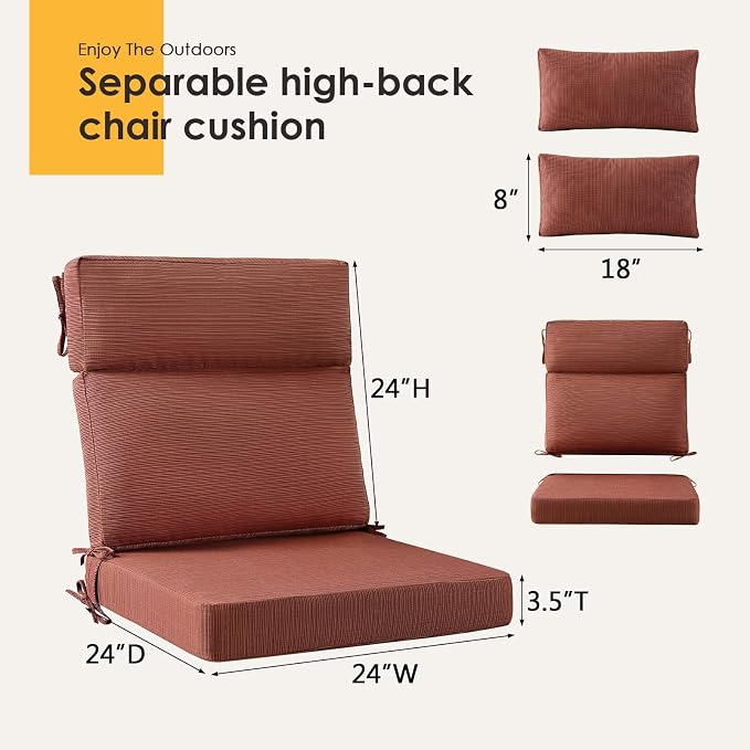 Outdoor High Back Chair Cushion, 2 Pack 48 x 24 inches Patio Chair Cushions Water Repellent Rocking Cushions Indoor Furniture Seat Pad with 2 Pillows, Dark Yellow Tan Stripe