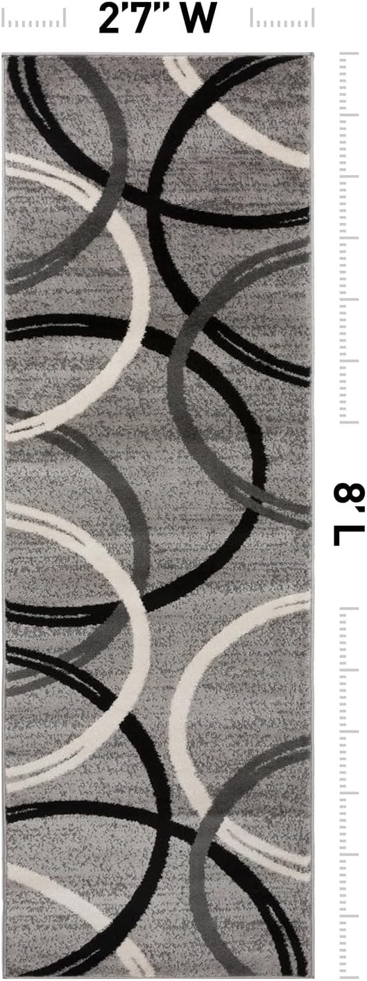 Rugshop Wavy Circles Non-Shedding Living Room Runner Rug Gray 2'7" x 8' | Rectangular, Size 2'7" x 8', Bedroom, Dining Room, Home Office, Kitchen, Entryway, Hallway, Nursery, Kids Room, Guest Room