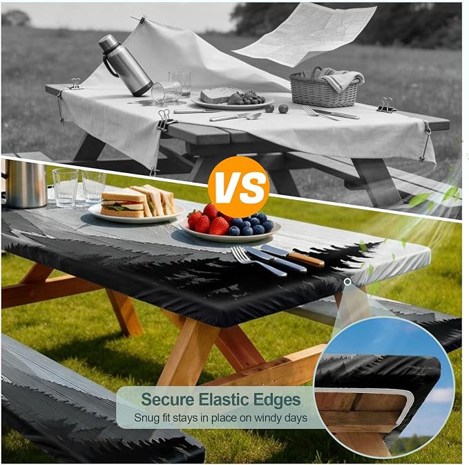 Picnic Table Cover with Bench Covers Camping Essentials Waterproof Windproof Camping Tablecloth with Drawstring Bag, Fitted Rectangle Tables and Seats, 72in, Black White Forest