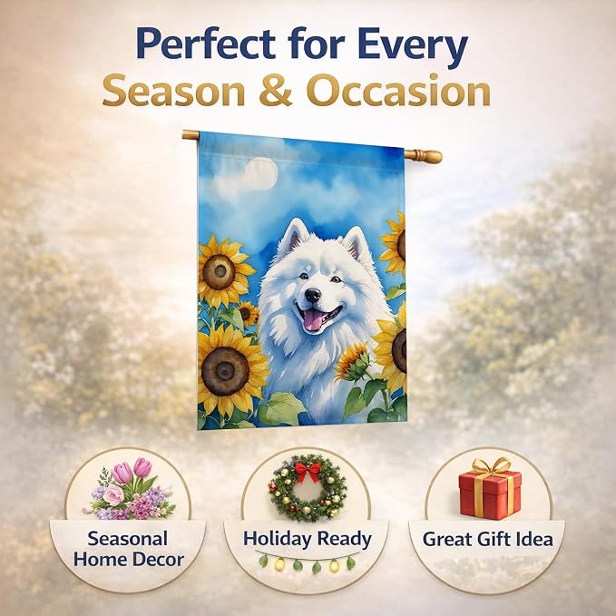 Caroline's Treasures DAC6153CHF Samoyed in Sunflowers House Flag Large Porch Sleeve Pole Decorative Outside Yard Banner Artwork Wall Hanging, Polyester, House Size, Multicolor
