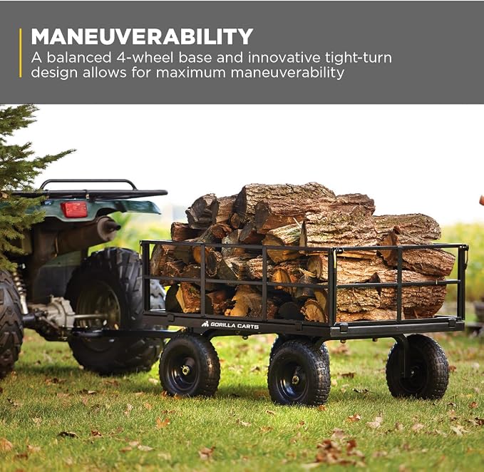 Gorilla Carts Steel Utility Cart, 9 Cu Ft Bed, 1200 lb Load Capacity, Black – Towable Heavy-Duty Outdoor Hauling Wagon with Removable Side Panels for Yard, Lawn, Garden or Landscaping