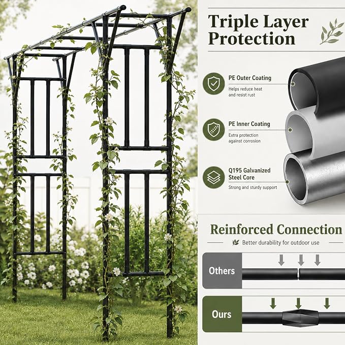 Flat Top Garden Arch Trellis Pergola, 11.8 x 9.02 FT Large Metal Arbor for Climbing Plants, Plastic-Coated Galvanized Steel Frame, Outdoor Decorative Arch for Garden, Backyard, Lawn (Black)
