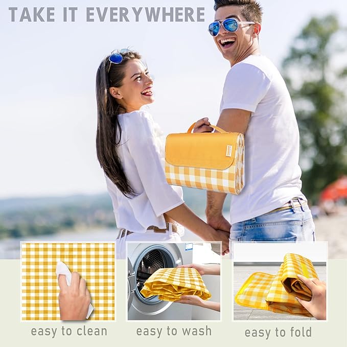 SAMSIER Outdoor Picnic Blankets Waterproof Foldable Sandproof, Large Gingham Cute Picnic Mat Washable Portable for Park Beach Camping Courtyard (Yellow, 60"×80")