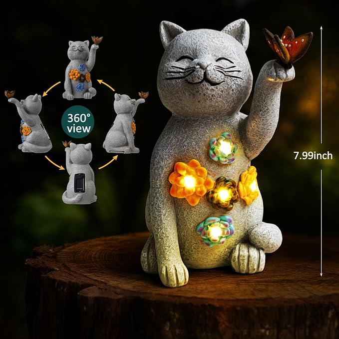 Riakrum Cat Hide a Key Outside Figurine Key Hider with Solar Light Yard | Resin Waterproof Garden Statue, Hidden Spare Key Compartment, Solar Lights Glow at Night, Gift for Women Homeowners