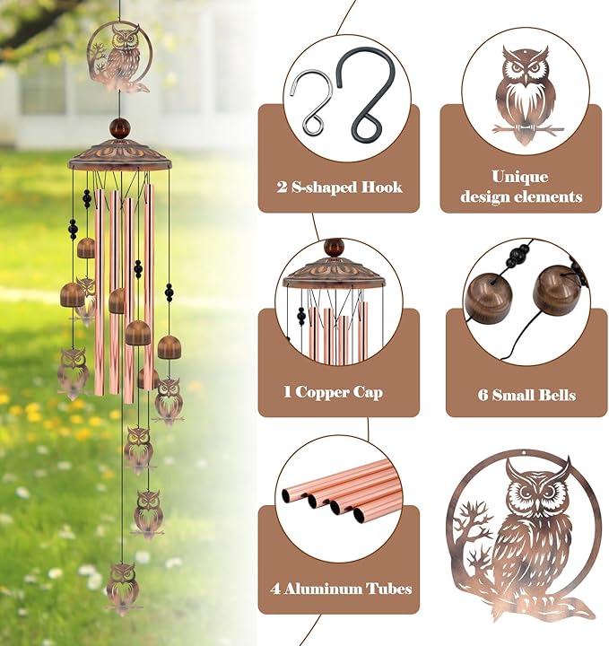 36 Inch Owl Wind Chimes for Outside - Rustic Copper Metal Silhouette Decor with 6 Handcrafted Pendants - Wisdom & Guardian Memorial Windchime - Unique Gift for Owl Lovers, Garden & Patio
