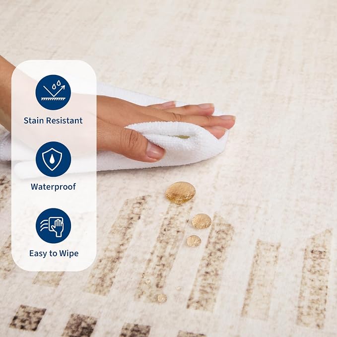 Garvee Small Area Rugs 2x3 Beige Washable Entryway Scalloped Throw Carpet | Non Slip Solid Color Low Pile Living Room Bedroom Rugs Pet Friendly Modern Geometric Kitchen Front Door Nursery Doot Mat