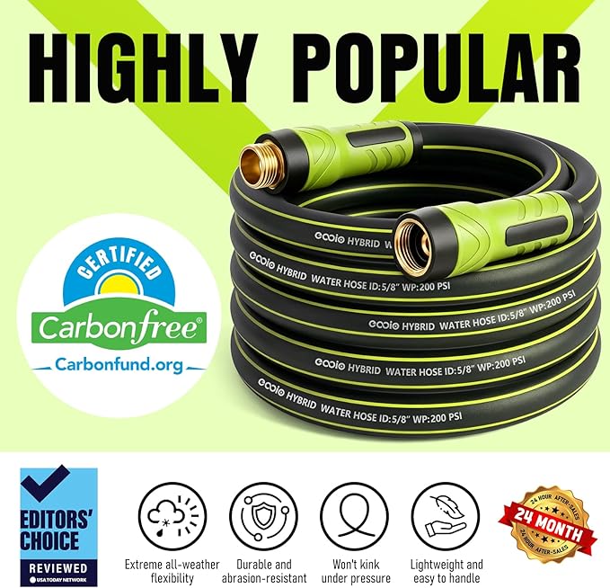 Garden Hose 25ft x 5/8", Heavy Duty Water Hose, Flexible and Durable, Kink Resistant Lightweight Hybrid Hose, Leakproof Yard Hose with Male to Female Fittings