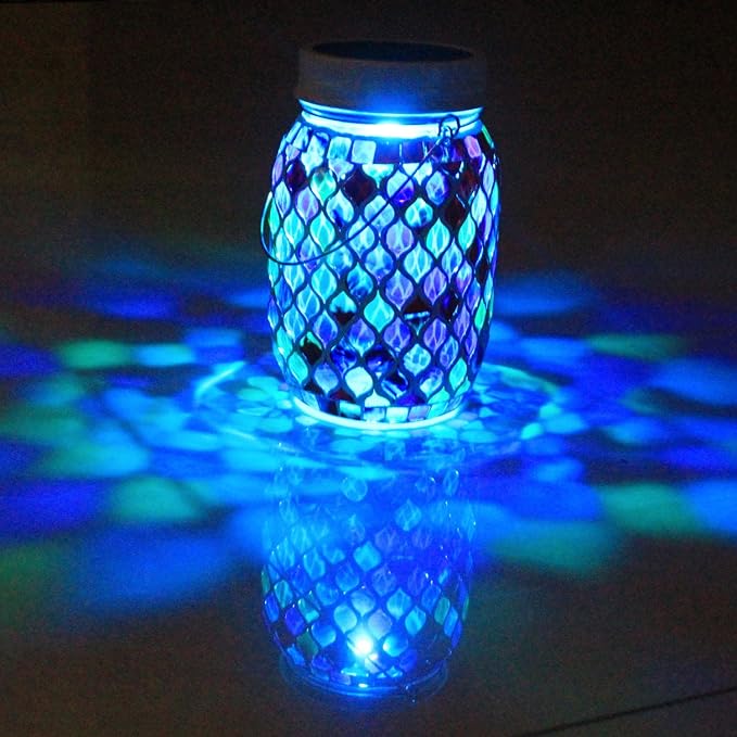 Solar Mosaic Outdoor Lanterns - 12 Color Changing LED, 4 Lighting Modes with Remote Control, Handcrafted Glass Decor Lights, Hanging or Tabletop Decor for Garden (red)