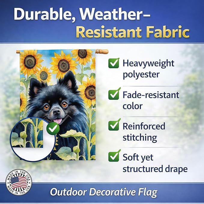 Caroline's Treasures DAC6135CHF Pomeranian in Sunflowers House Flag Large Porch Sleeve Pole Decorative Outside Yard Banner Artwork Wall Hanging, Polyester, House Size, Multicolor