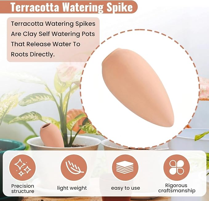 4 Pack Terracotta Watering Spikes, Plant Watering Devices Wine Bottle Automatic Plant Self Watering Spikes for Vacations, Clay Self-Watering Stakes for Indoor Outdoor Plants