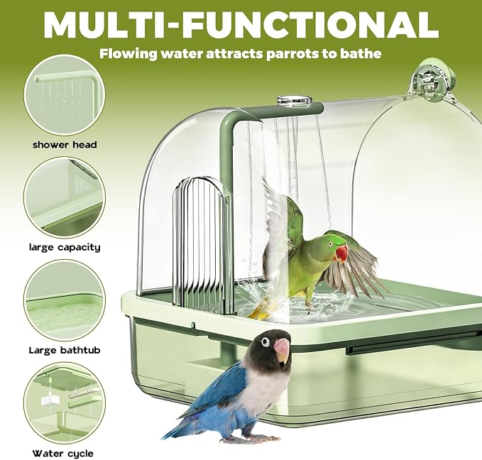 Automatic Bird Baths for Cage,Automatic Parakeet Bath with Pump, Filter,Indoor Bird Shower with Running Water,for Pet Birds Conure Budgies Cockatiels Lovebird(Green)