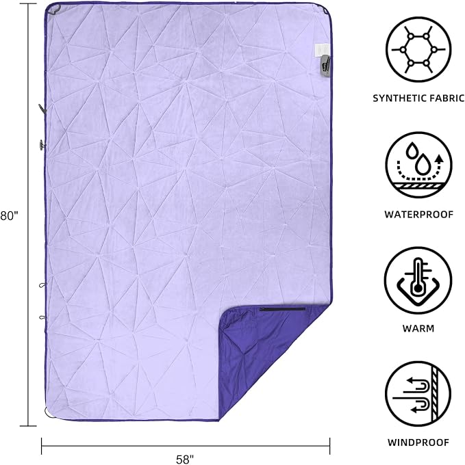 Large Waterproof Outdoor Blanket Thick Fleece 80" x 58" | Windproof Stadium Blanket, Wearable Poncho, Machine Washable for Camping, Car, Pet, Picnics - Purple