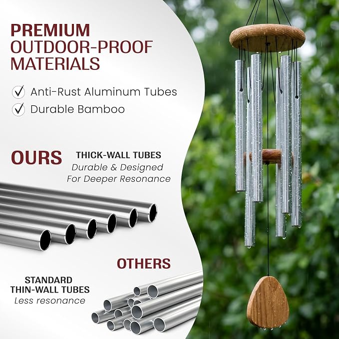 Silver Wind Chimes for Outside Deep Tone, 29 Inch Hand Tuned B Major Pentatonic Soprano Wind Chime with Decorative Kindness Stone, Outdoor Garden Patio Porch Decor, Meaningful Sympathy Memorial Gift