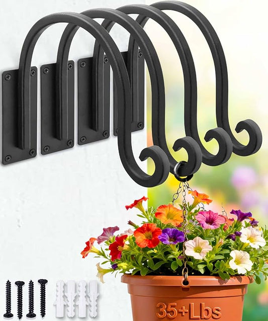 Lifyzoon Heavy Duty Plant Hanger Bracket (8"/Black) - 4 Packs, 35lbs Weight Capacity - Outdoor Hand-Forged Hanging Plant Bracket Durable and Stable Bird Feeder Hanger