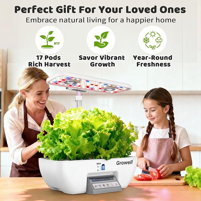 Growell 17 Pods Hydroponics Growing System Kit, Indoor Garden with 2 Fans | for Airflow & Anti-Mold, LED Grow Light, Smart Water Cycle, Auto Timer, 10L Large Water Tank, Indoor Gardening Gift, White