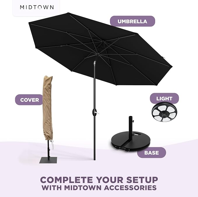 Midtown Umbrellas - 10-Year-No-Fade 10 Ft Patio Umbrella with Terylast Fabric, Auto-Tilt Aluminum Frame and 8 Reinforced Ribs for Deck, Pool, Garden & Beach - Ebony Black Canopy, Black Pole