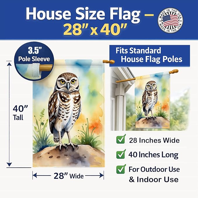 Caroline's Treasures Burrowing Owl House Flag Large Porch Sleeve Pole Decorative Outside Yard Banner Artwork Wall Hanging, Polyester, House Size, Multicolor