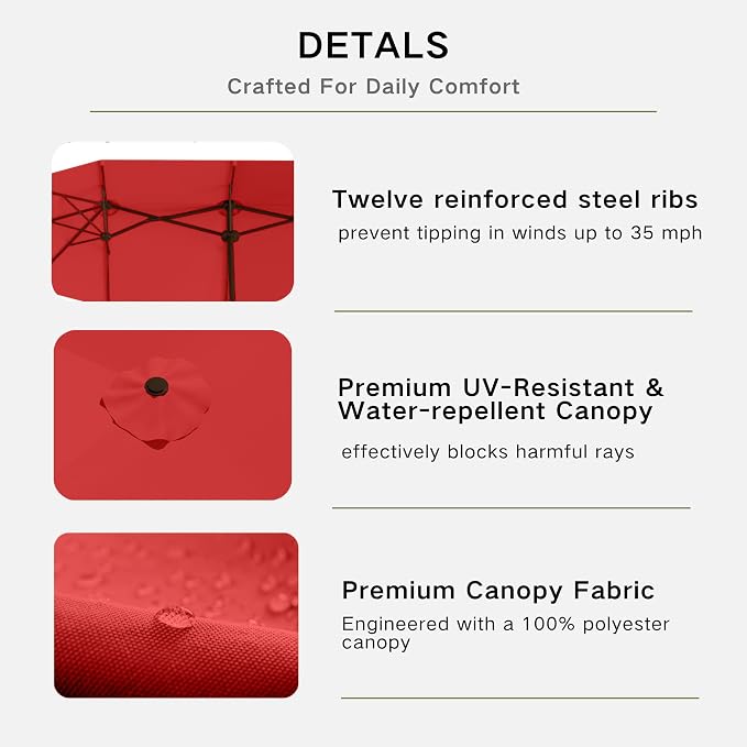 Kingdura 15ft Large Patio Umbrella with Base Included, Double-Sided Rectangle Outdoor Table Umbrella with 12 Reinforced Ribs, Crank Lift for Market Pool Deck Backyard, Red