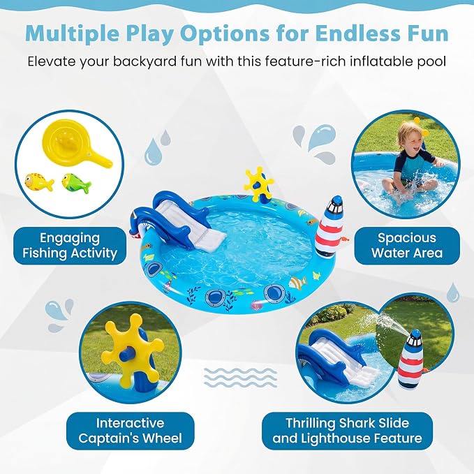GLACER Kiddie Pool with Slide, 74”x 60.5”x 23” Thicken Water Play Center | Inflatable Swimming Pool with Sprinkler & Fishing Toys, Elevated Rails, PVC Outdoor Blow-Up Splash Pad for Backyard, Garden