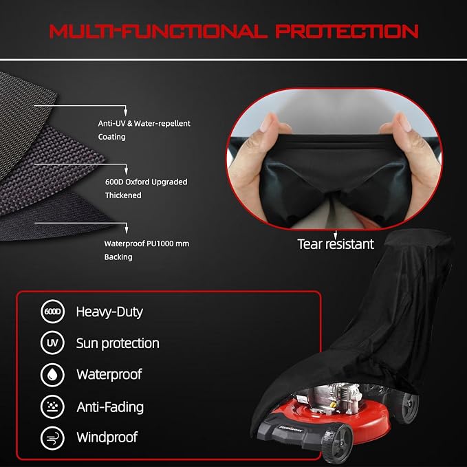 Lawn Mower Cover, Heavy Duty 600D Oxford, Waterproof Outdoor, Weather Resistant, Rip-Proof, Anti-UV, Raing-proof, Sun Block, Heatresistant with 1 Windproof Strap, 1 Storage Bag (Push)