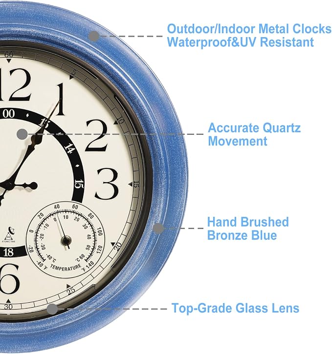 18-Inch Outdoor Wall Clock with Thermometer Hygrometer, LED Auto Light Sensor, Outdoor Clock Waterproof Large Display for Garden Patio Home Decor