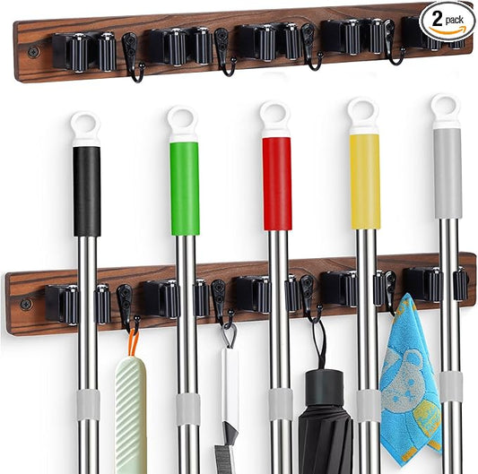 FunCee 2 PACK Broom Holder Wall Mount With 5 Slots & 4 Hooks，Rustic Wood Broom & Mop Hanger，Wall Mounted Garden & Garage Tool Storage Organizer Rack for Closet Laundry Room or Kitchen Wall Decor