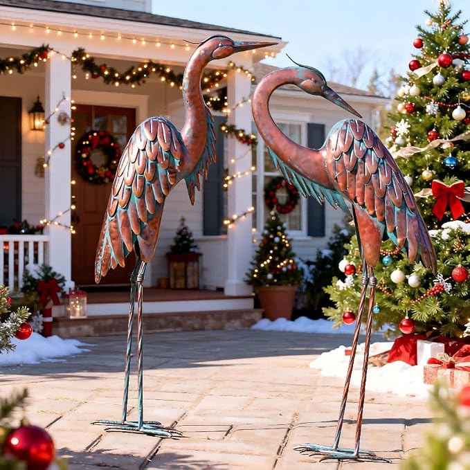 Kircust Outdoor Metal Crane Statues, Heron Sculptures for Garden Yard | Bronze 27.56" Tall, Set of 2 Heron Sculptures, Weatherproof, Patio Decor, Art