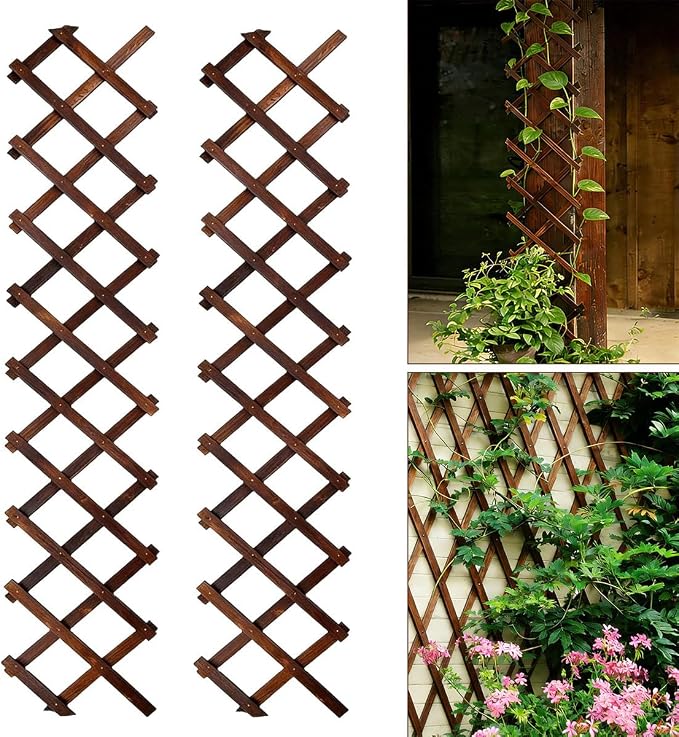 2Pcs Expandable Garden Trellis, 13" x 68" Thickened Wooden Lattice Trellis for Climbing Plants Outdoor Ivy Vine Rose Clematis for Garden Fence Wall Patio Room Decor (2Pcs Brown)