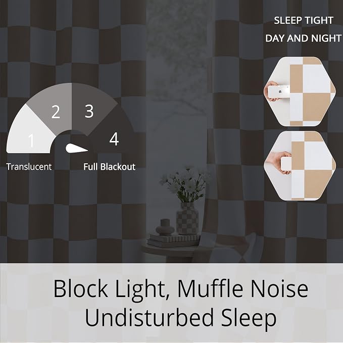 100% Blackout Checkered Curtains – 2 Panels, Each W52×L63, Thermal Insulated, Nosie Reducing for Bedroom, Modern Beige and White Checkerboard Design