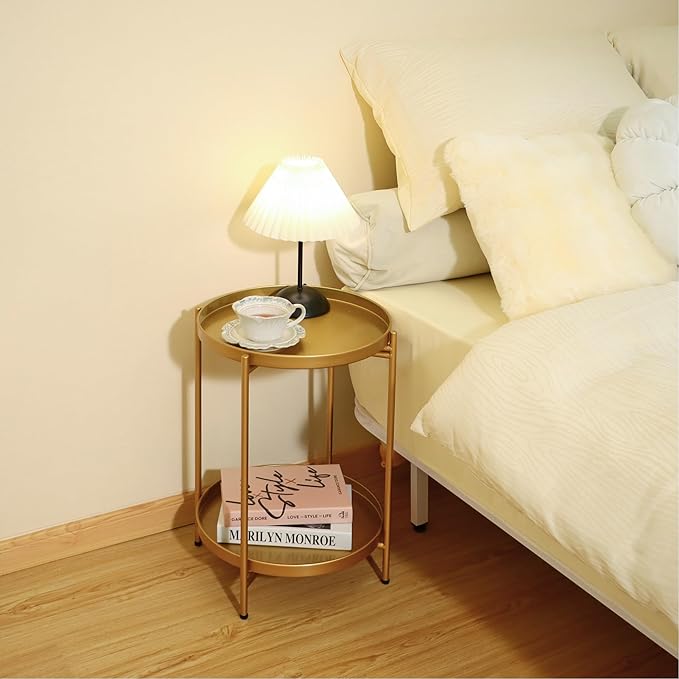 2-Tier Round End Side Table, Set of 2, Small Metal Side Table with Removable Tray, Folding Accent Tables for Living Room, Balcony, Nightstand for Bedroom, Outdoor Tables for Patio, Gold