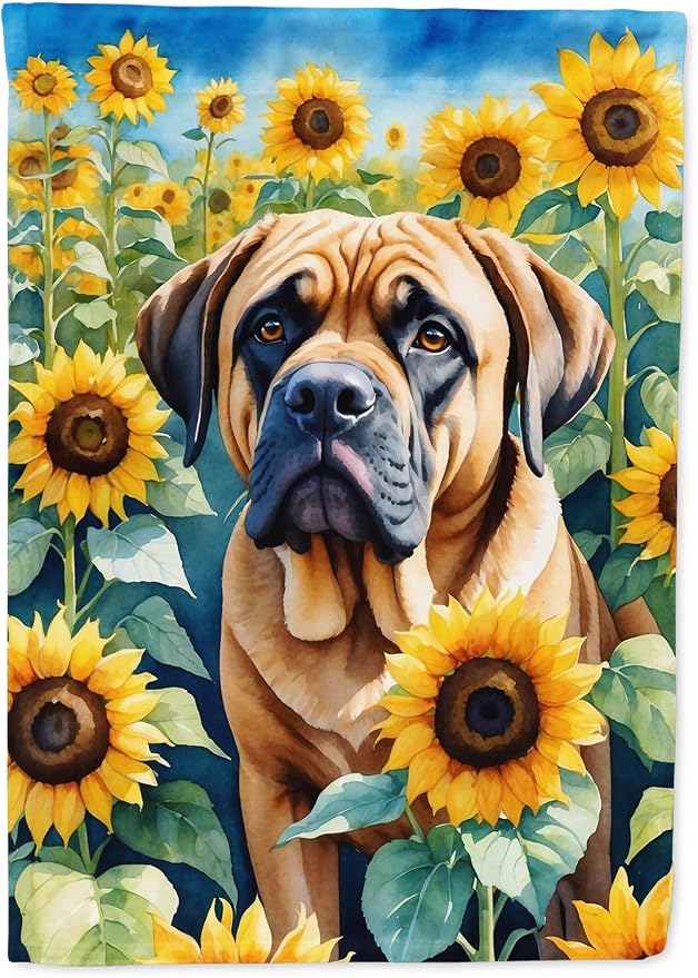 Caroline's Treasures DAC6120CHF Mastiff in Sunflowers House Flag Large Porch Sleeve Pole Decorative Outside Yard Banner Artwork Wall Hanging, Polyester, House Size, Multicolor