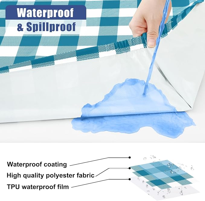 Smiry Picnic Table Cover with Bench Covers, Waterproof Elastic Fitted Tablecloths for 6 Foot Rectangle Tables, Washable Buffalo Plaid Tablecloth for Camping, Outdoor (Turquoise & White, 30"x72")