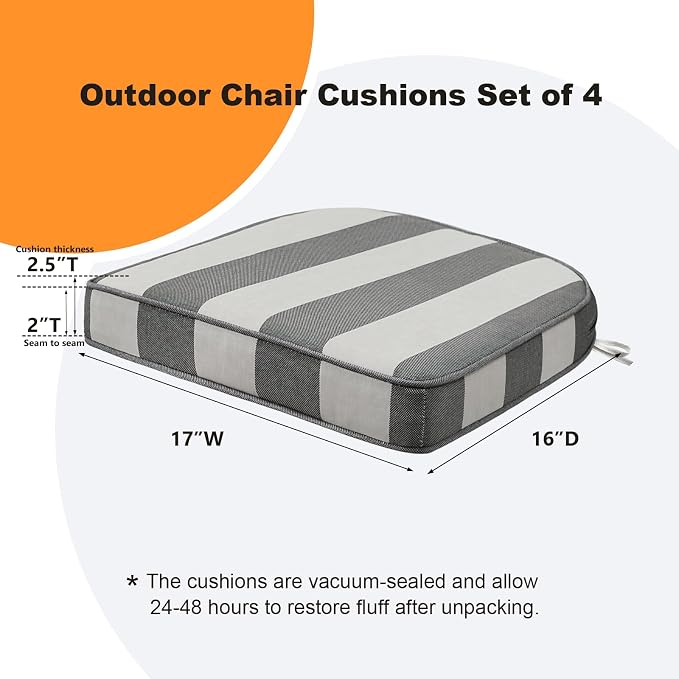 Unimatta Round Corner Seat Cushions, 17" x 16" x 2", Set of 4, Indoor Outdoor Water Repellent Universal Chair Pads with Ties for Patio Furniture, Garden Deck Dining Chairs, Gray Stripe