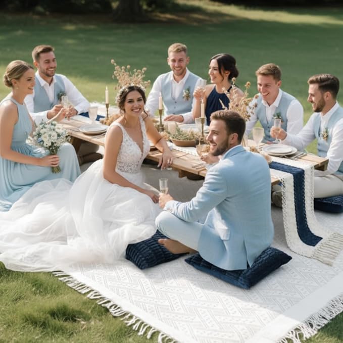 Beeveer Extra Large Outdoor Boho Picnic Blanket 91'' x 71'' Blue Table Runner 6 Throw Pillow Cover Woven Cotton Yarn Oversize Beach Blanket Washable for Picnic Camp Wedding