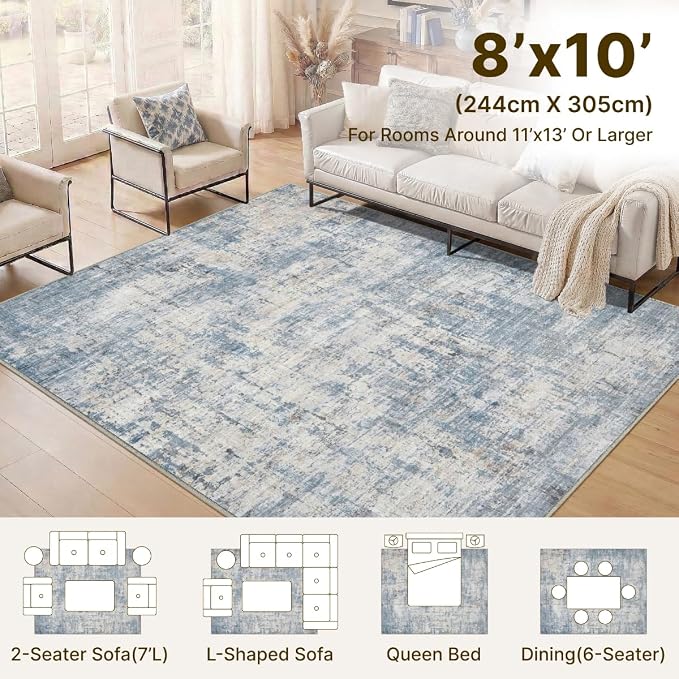 8x10 Area Rugs Washable Abstract Rug for Living Room Bedroom Blue | Non Slip Soft Carpets Coastal Indoor Floor Stain Resistant Large Carpet for Bedroom Dining Room Farmhouse Nursery Office