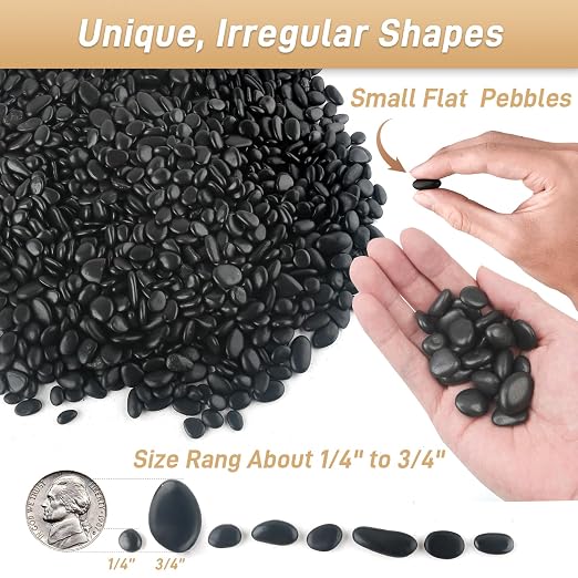 Mulctun 45LB Polished Black Pebbles,1/4" - 3/4" Small Black River Rocks for Landscaping, Natural Gravel Smooth Decorative Stones Dressing for Vases Planters Garden Outdoor Indoor