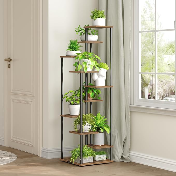 Yzosvki 10 Tier Plant Stand Indoor, Tiered Corner Plant Shelf Flower Stand for Living Room, Balcony, Patio, Garden, Rustic Brown