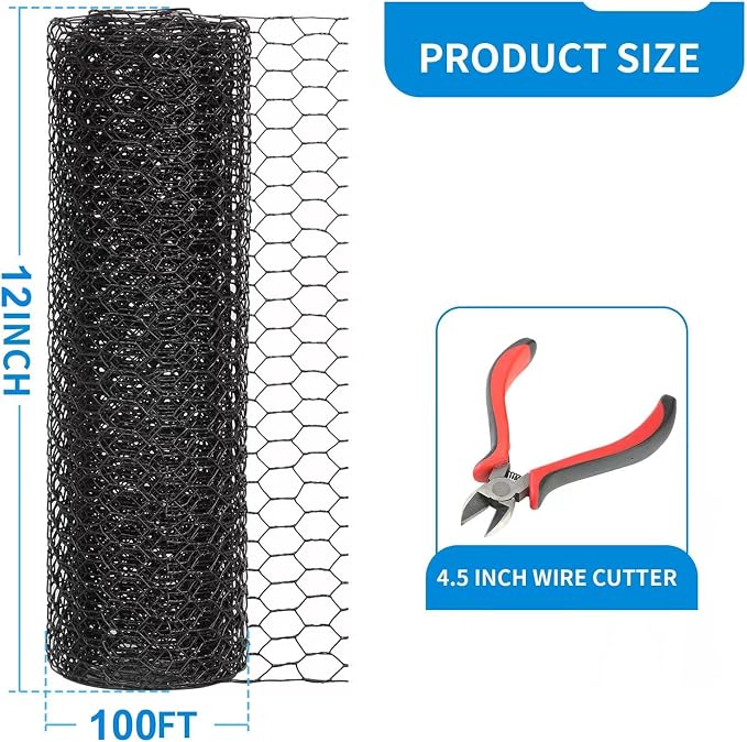 12'' x 100' Black Chicken Wire Mesh Fence, 15 Gauge Poultry Netting and 2 inch Mesh Fence Roll, Chicken Wire for Floral Arrangements/Crafts/Farm/Livestock/Pet Protection