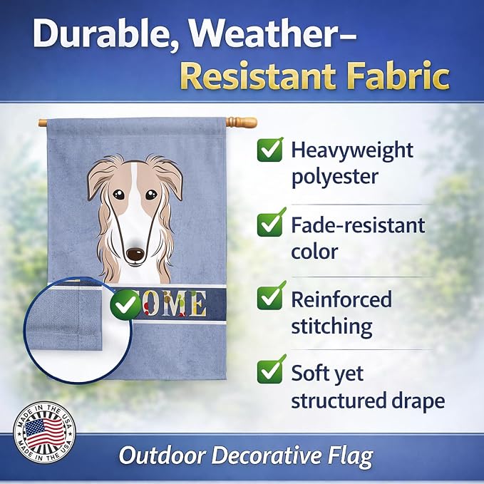 Caroline's Treasures BB1414CHF Borzoi Welcome House Flag, Blue Large Porch Sleeve Pole Decorative Outside Yard Banner Artwork Wall Hanging, Polyester, House Size, Multicolor