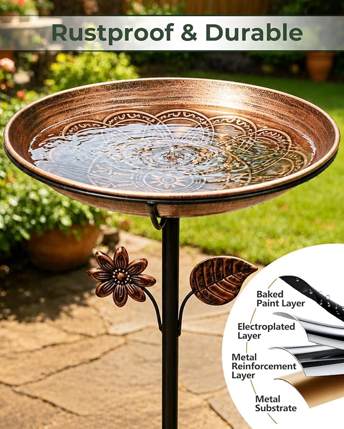 13" Metal Bird Bath for Outside | Rust-Resistant Outdoor Birdbath Bowl with Stake | Adjustable Height Garden Bird Bath, Removable Bowl,Easy to Clean for Yard Lawn Decor
