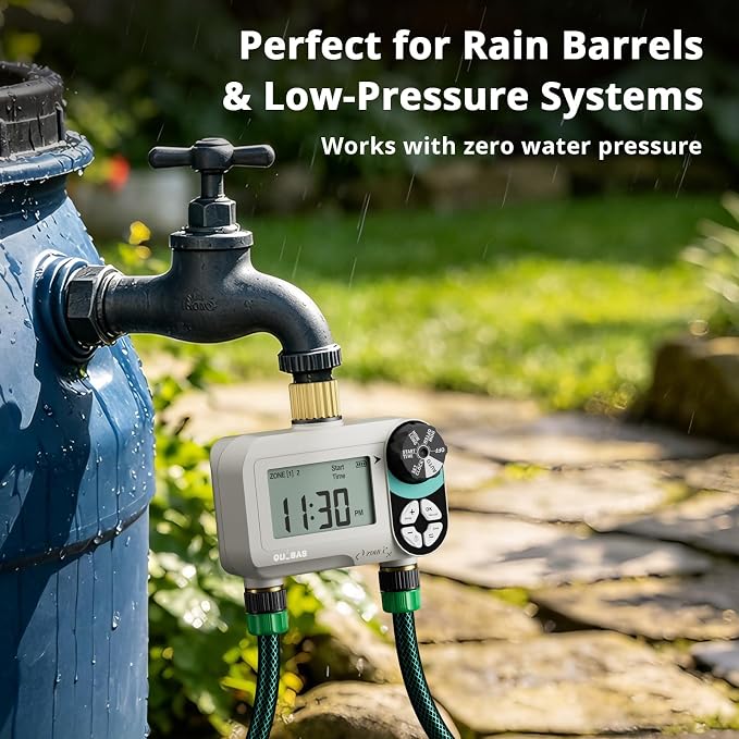 QUOBAS Zero Pressure Sprinkler Timer with Child Lock, Programmable Water Timer for Garden Hose with Brass Ports, Rain Delay/Manual/Auto Irrigation System, 2 Zone Watering for Rain Barrel, 2 Pack