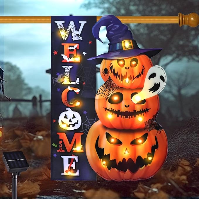 Halloween Lighted Garden Flag, Solar Weclome Pumpkin Yard Flag for Outside, 8 Modes Double Sided Welcome Halloween Pumpkin Outdoor Decorations for Home Porch