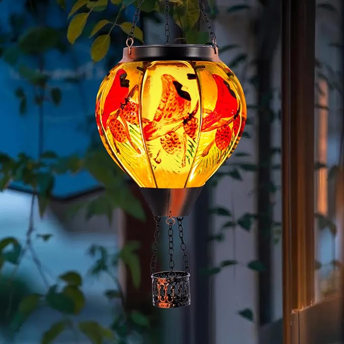 Cardinal Solar Hot Air Balloon Lantern with Flame, Glass Balloon Solar Lantern Outdoor Waterproof, Hanging Hot Air Balloon Solar Light, Cardinal Gifts for Mom Woman Christmas